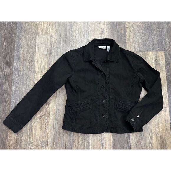 Chico's Jackets & Blazers - Chicos Platinum Black Denim Jacket Womens Size 1 M Button Front Stretch Cotton